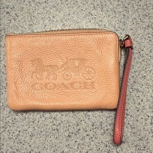 Coach Beige Leather Wristlet with Pink Strap (REHAB WALLET/ZIPPER BROKEN)